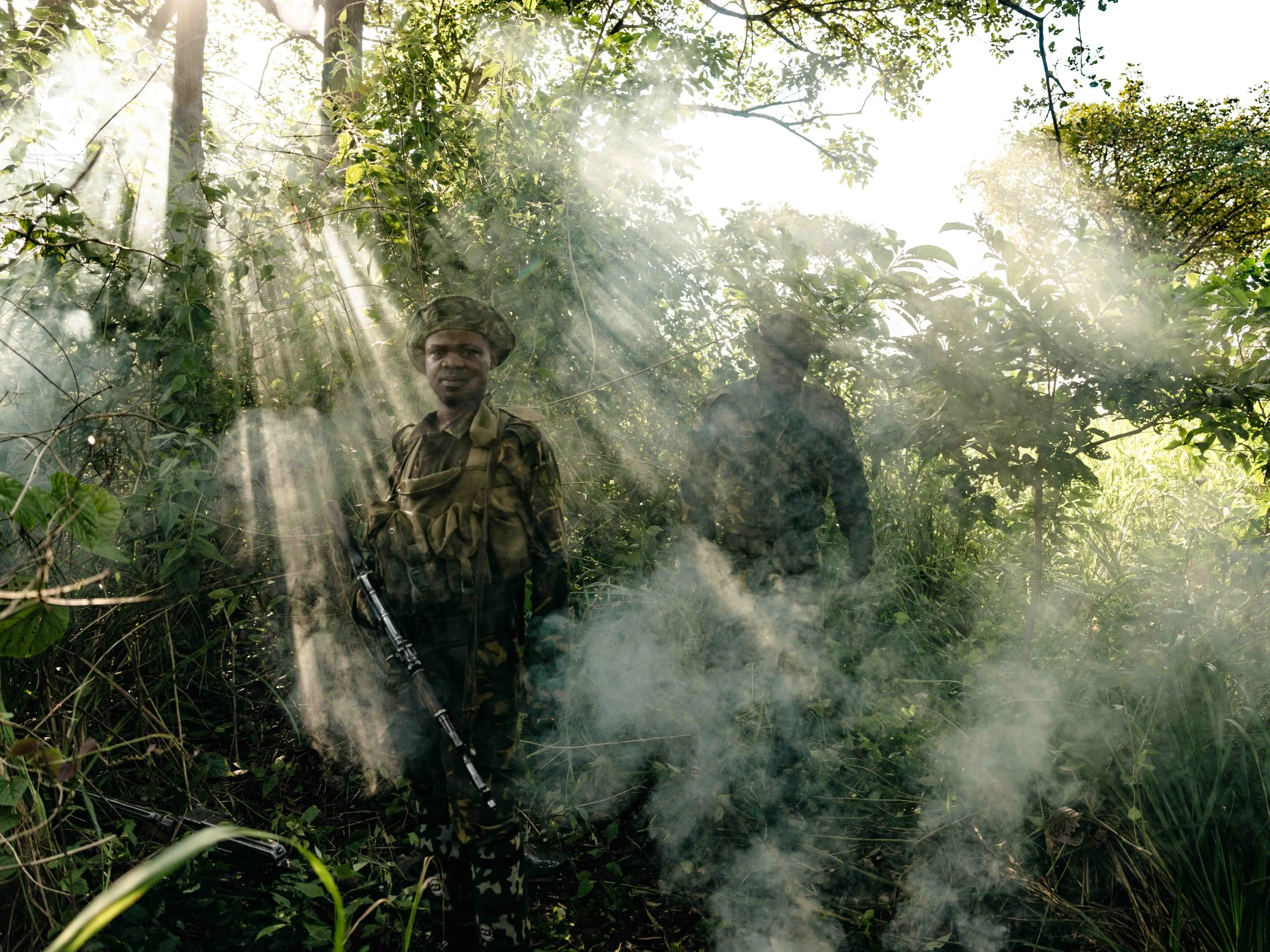 Garamba National Park rangers at camp in the field. Haut-Uele, DRC.