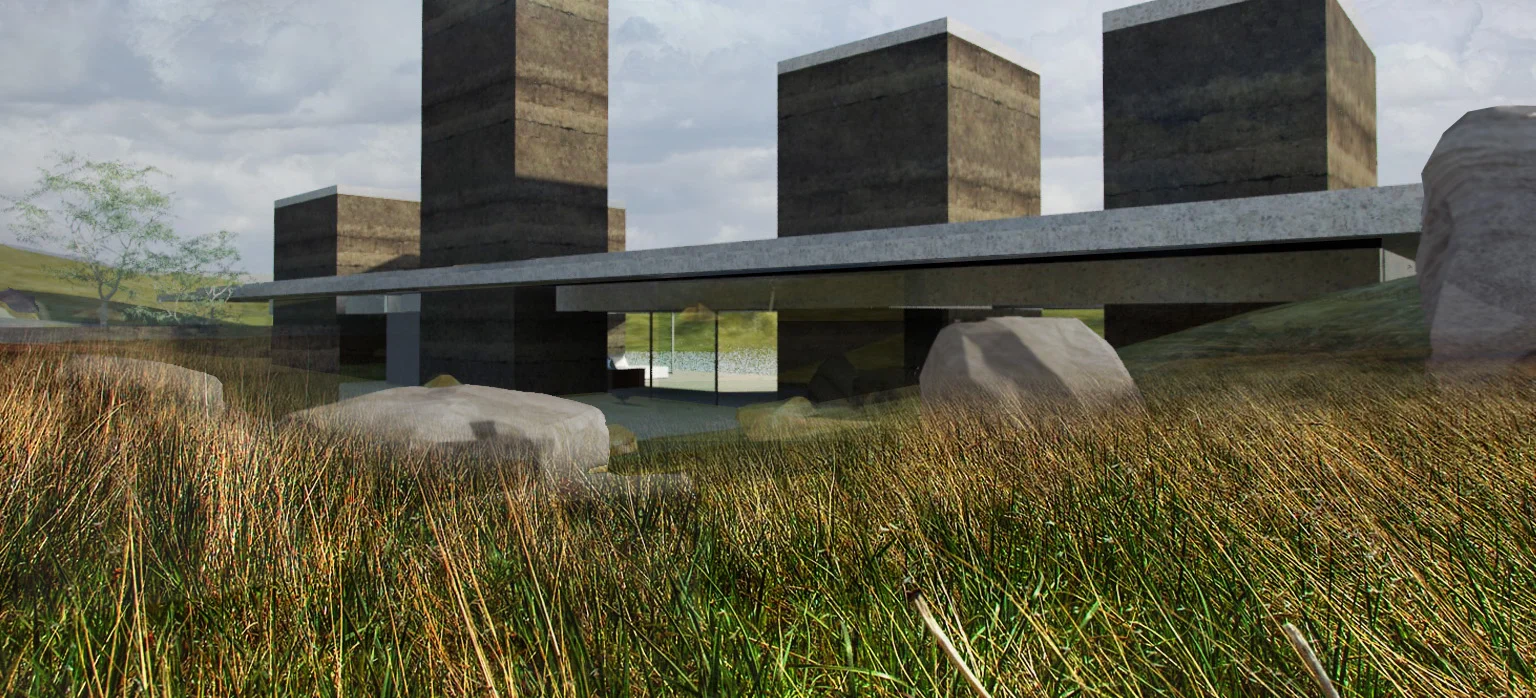 Villa dH France Single family residence on a large remote terrain with its own lake in the French Périgord area. By laying the two horizontal plateaus (with seemingly only glass in between) on the landscape, there is no barrier between the indoors and the outdoors. Choosing a material that matches the soil also intensifies the feeling of merging with its enviroment. This in contrast with the orthogonal lines that clearly define an intervention in the scenery.