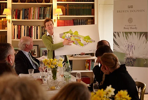 Rosy presents her design for Brewin Dolphin’s sixth RHS Chelsea Flower Show garden to the gardening media