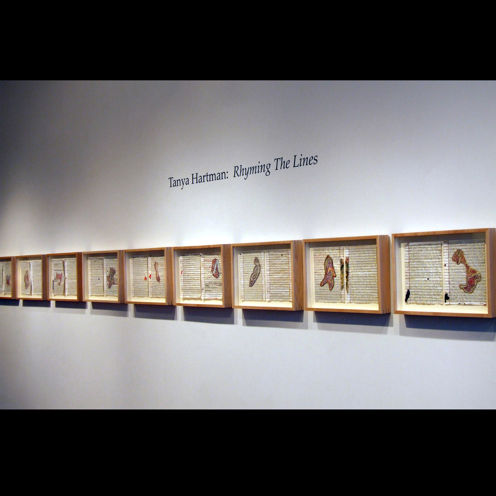  Rhyming The Lines, (installation view) mixed media, 12 framed works, 19 inches by 27 inches each, 2003-2010. 
