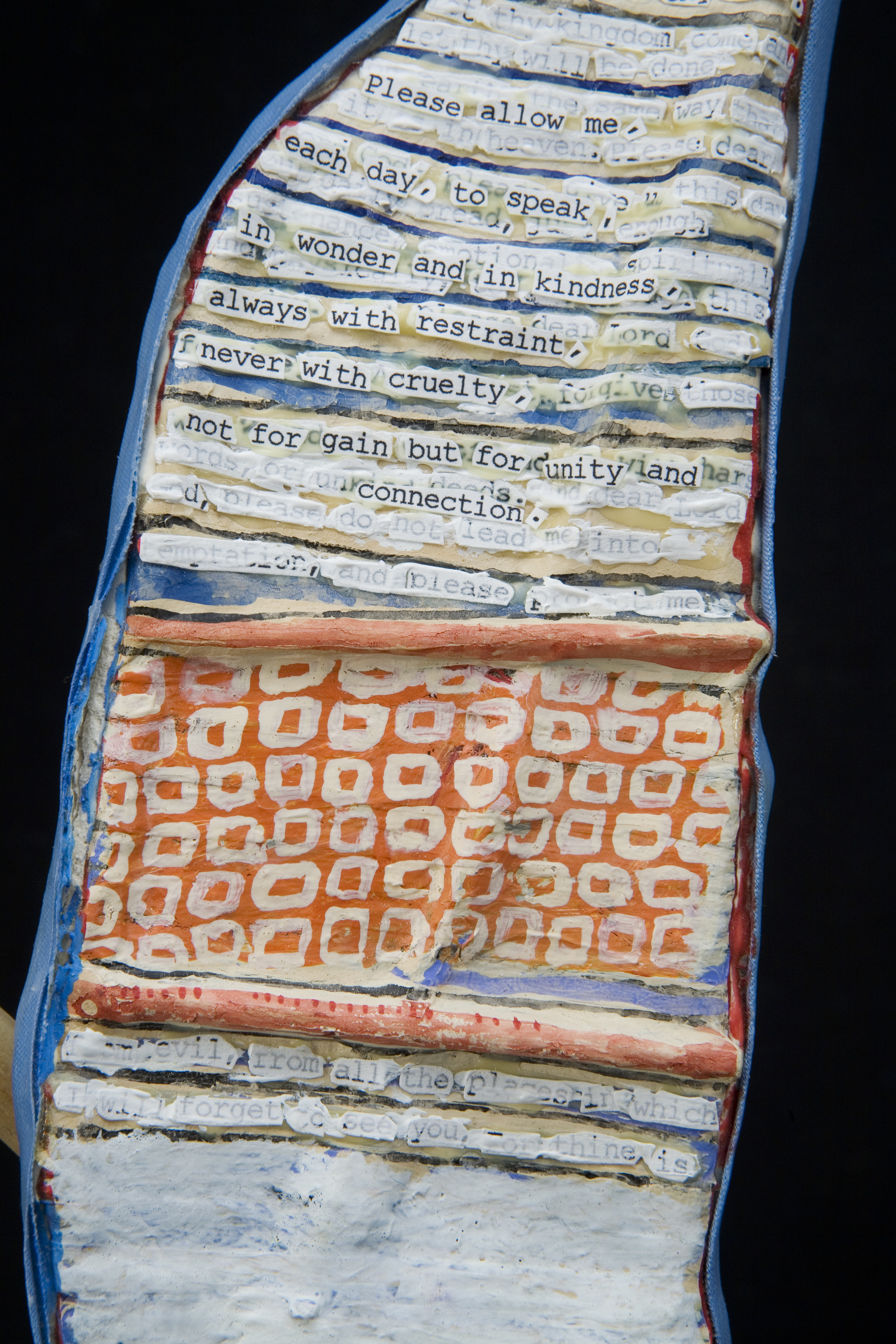   Prayer Paddle: To Speak In Wonder and In Kindness (detail) , mixed media, 16 by 3 inches, 2007-2014. 