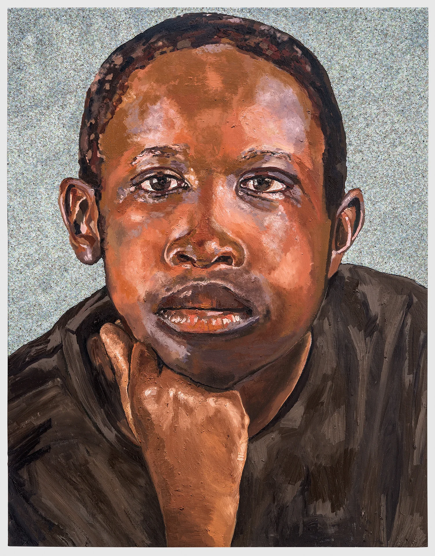 Icons From A Broken World: Atem Akuei, oil paint, encaustic and glass beads on true gesso panel, 30 inches by 38 inches, 2014.