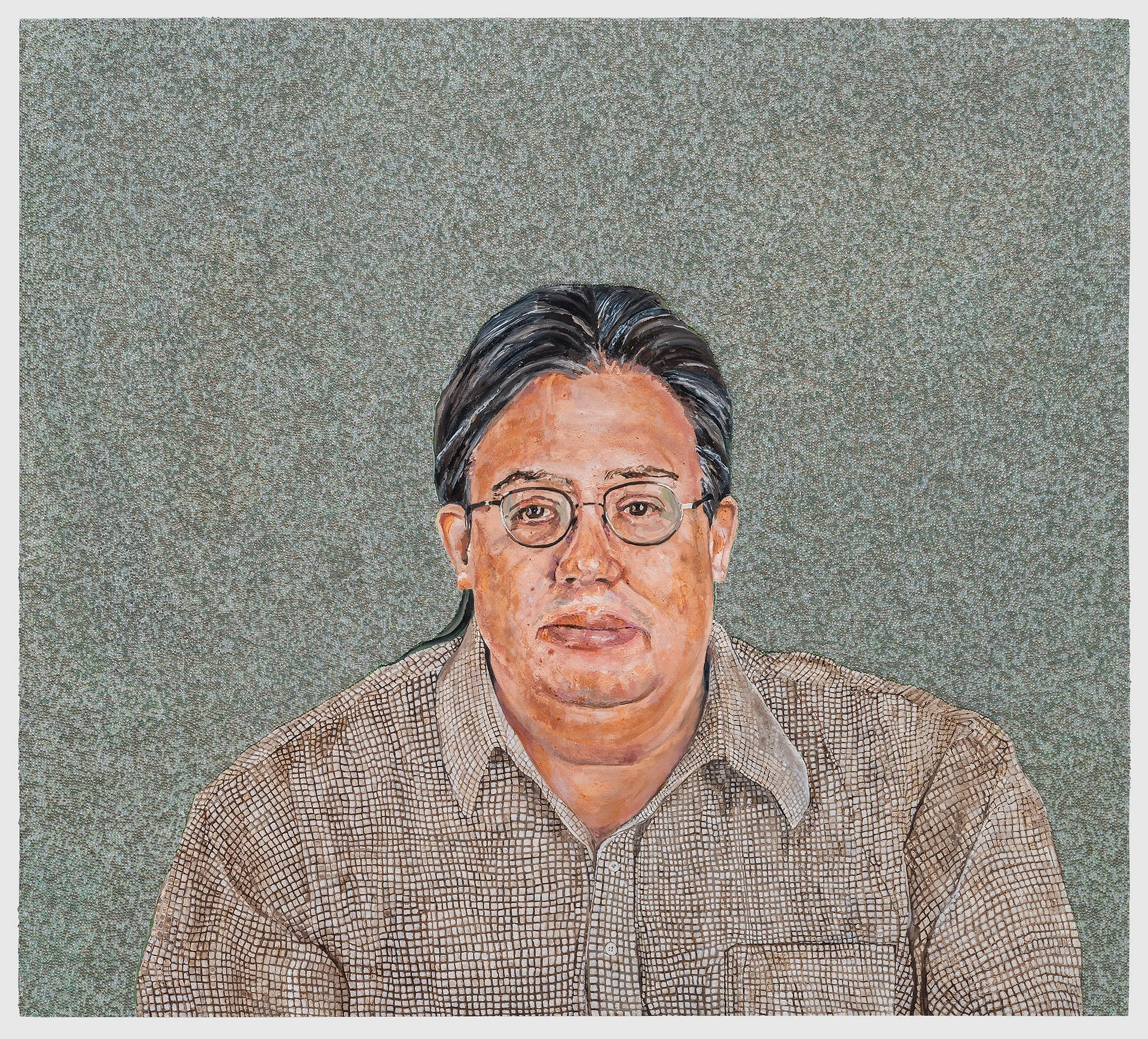 Icons From A Broken World: Norman Akers, oil paint, encaustic and glass beads on true gesso panel, 60 inches by 54 inches, 2014.