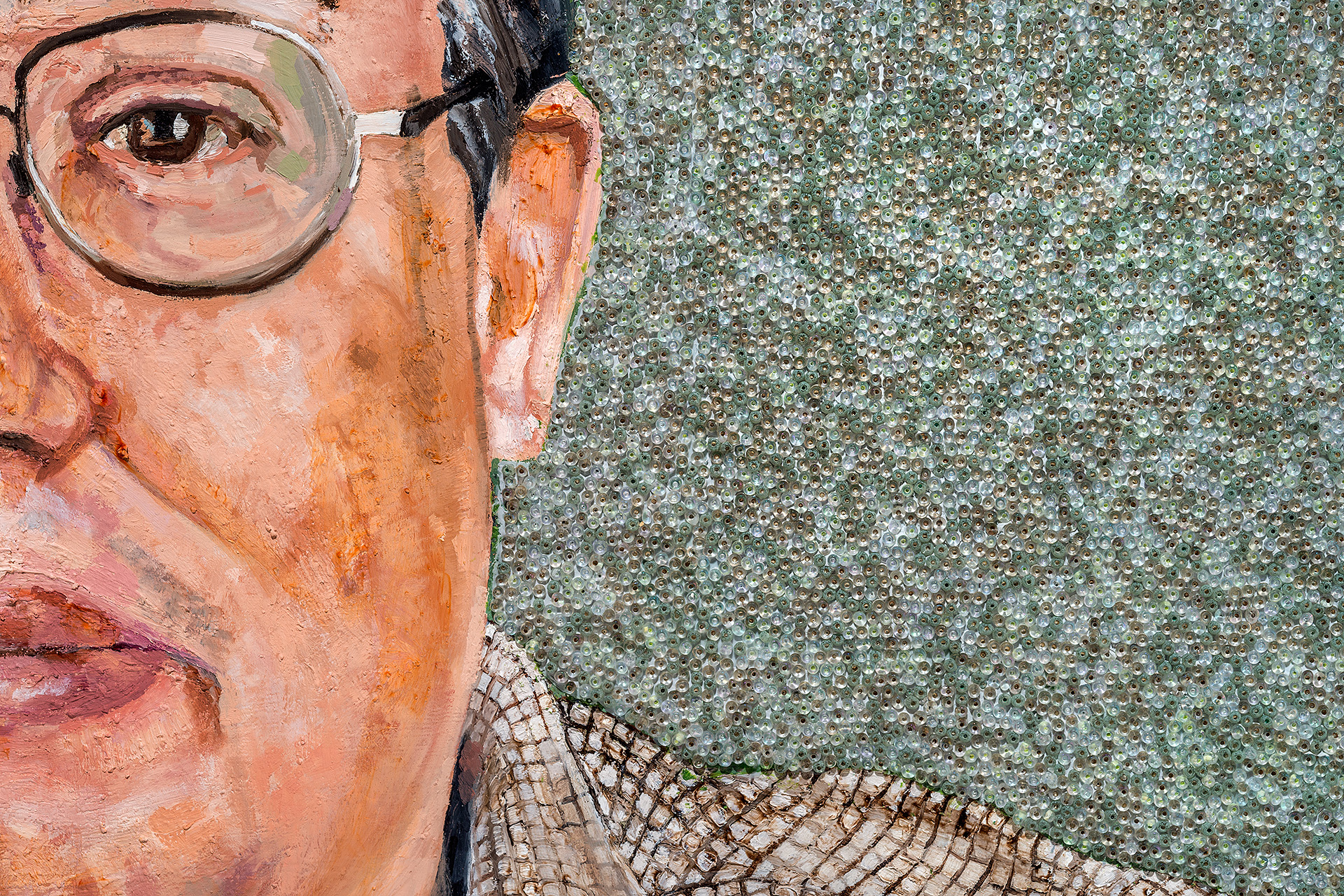 Icons From A Broken World: Norman Akers (detail), oil paint, encaustic and glass beads on true gesso panel, 60 inches by 54 inches, 2014.