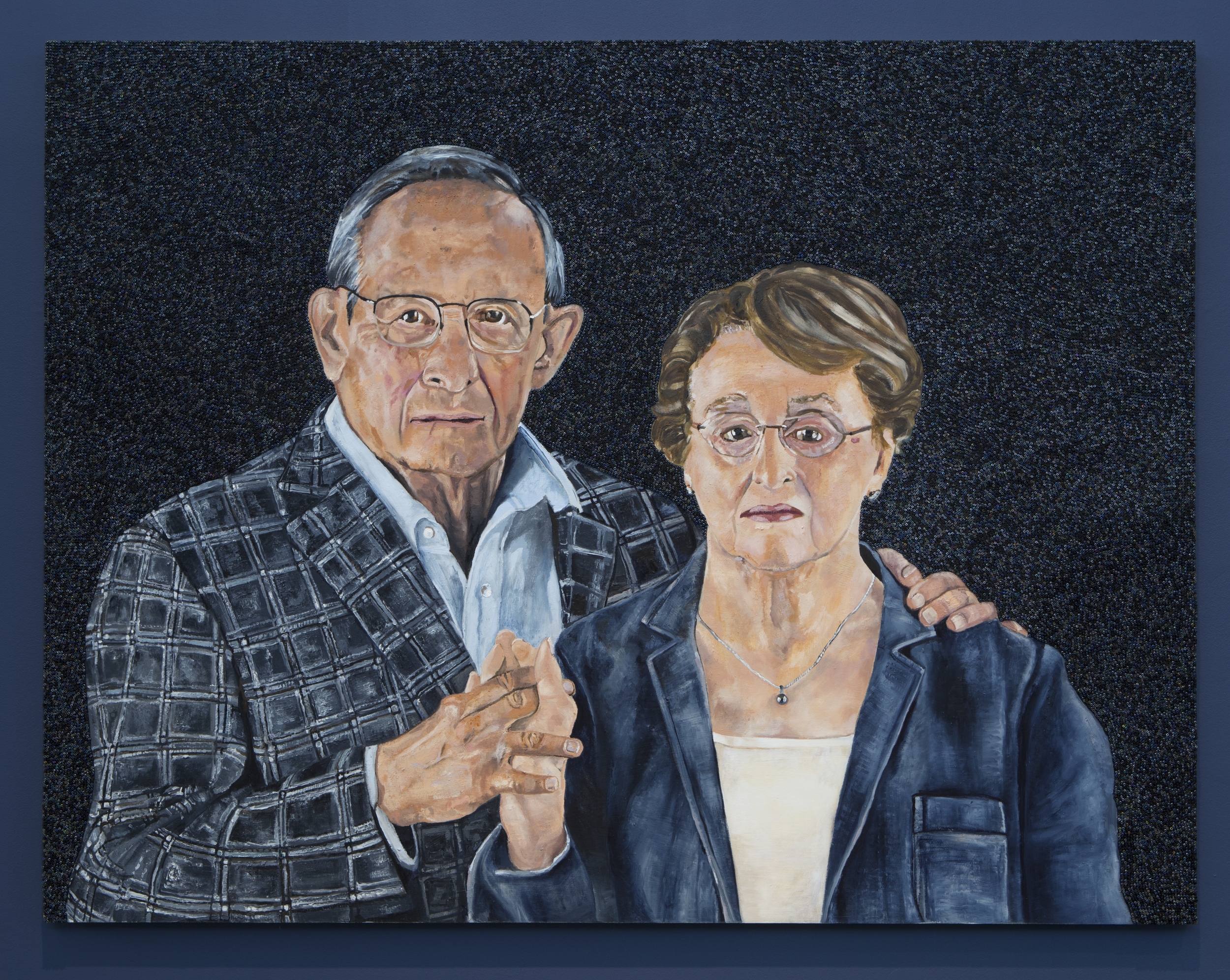  Icons From A Broken World: Dr. David Jacobs and Dr. Judy Jacobs, oil paint, encaustic and glass beads on true gesso panel, 60 inches by 46 inches, 2014. 