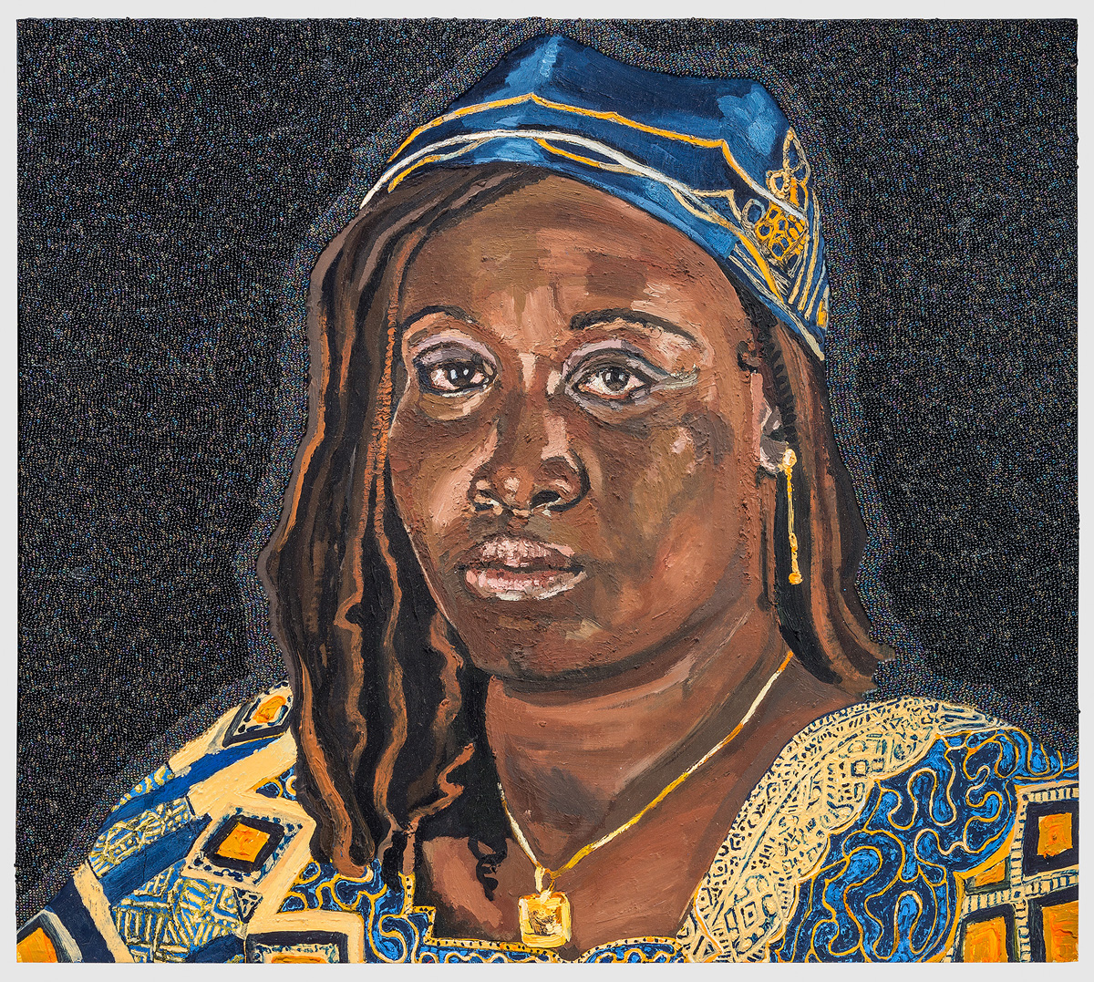   Icons From A Broken World:  Rebecca Kothia Kuany Mabior, oil paint, encaustic and glass beads on true gesso panel, 18 inches by 24 inches, 2014. 