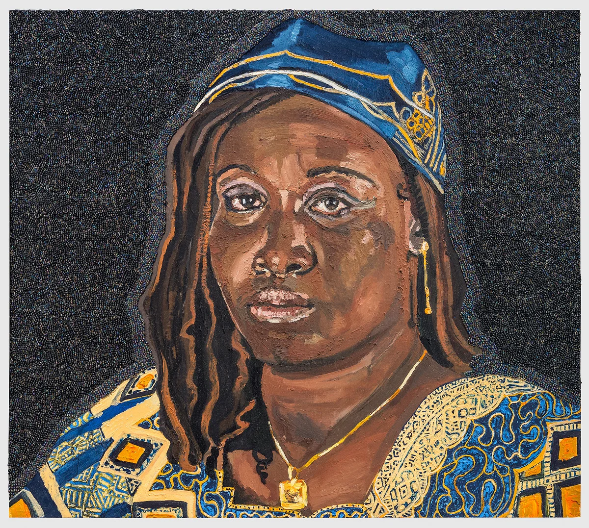 Icons From A Broken World: Rebecca Kothia Kuany Mabior, oil paint, encaustic and glass beads on true gesso panel, 18 inches by 24 inches, 2014.
