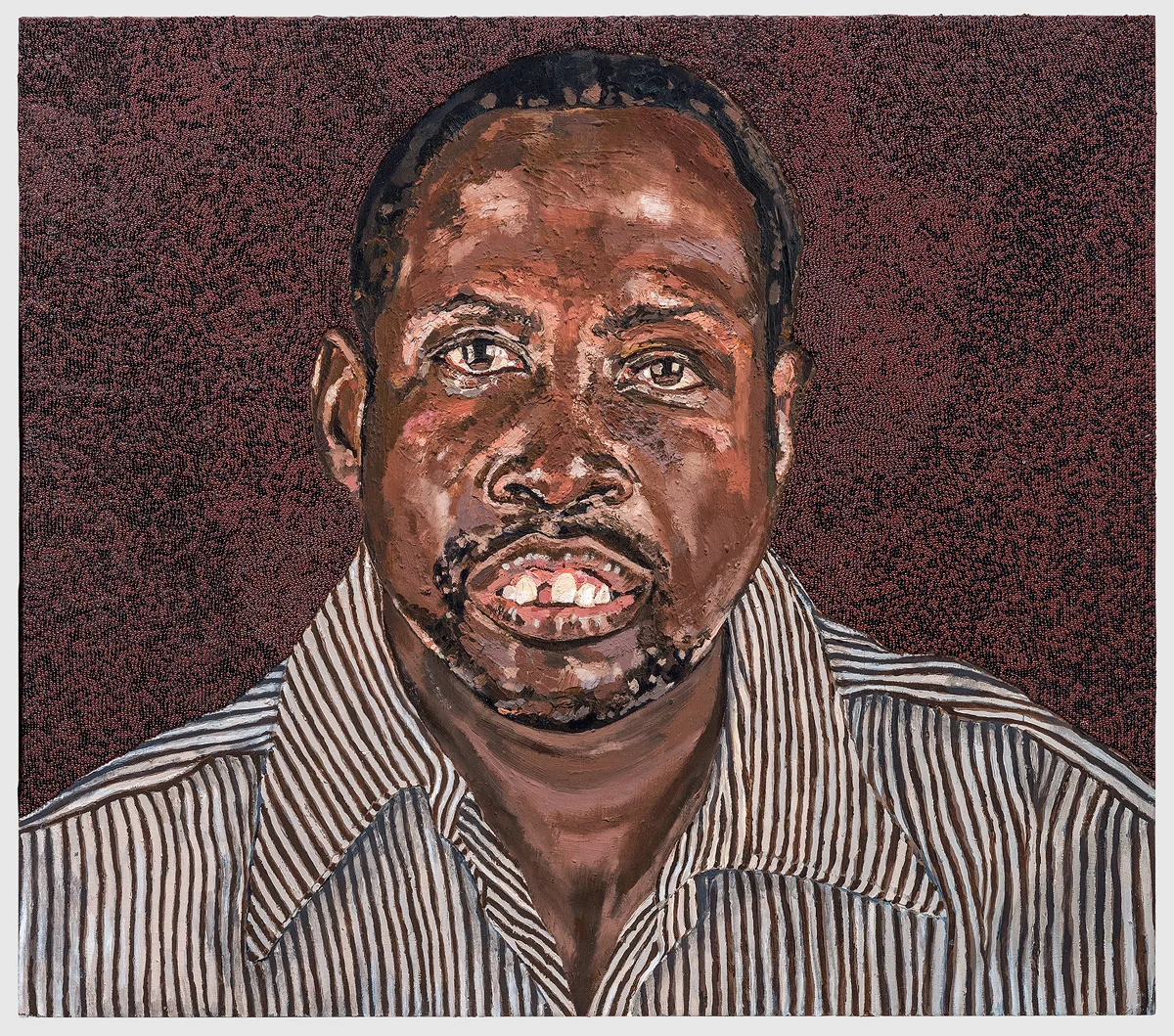 Icons From A Broken World: John Akuei , oil paint, encaustic and glass beads on true gesso panel, 18 inches by 24 inches, 2014.