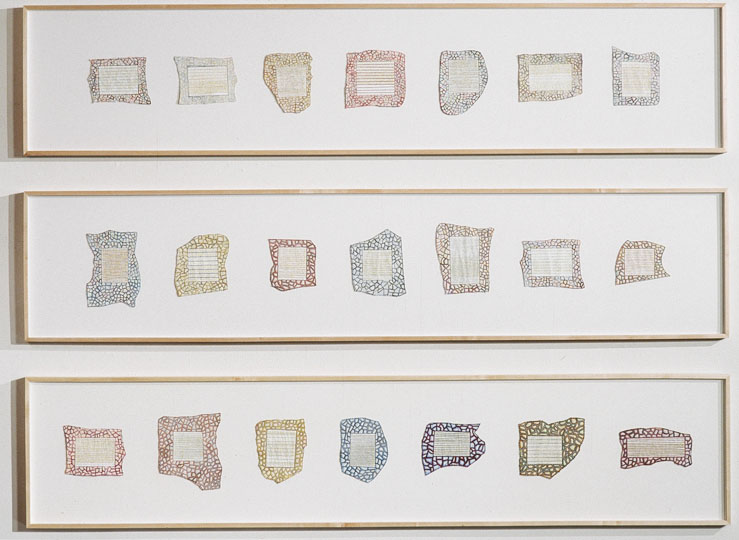   ¨Reliquary 1-21¨ (total projected 44+) , thread, gesso, oil paint and collage on paper, each panel 84 in x 24 in, 2000-ongoing. 
