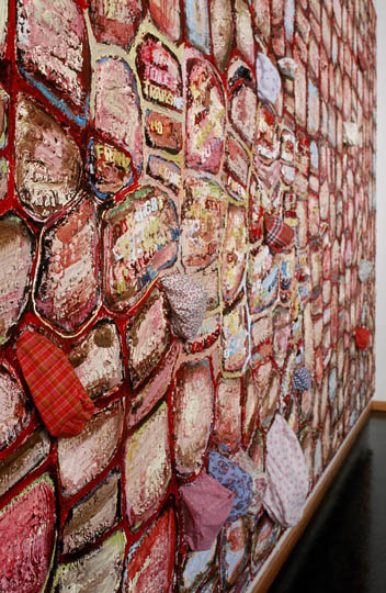 Side-view of A Tall Wall Surrounds Me , oil paint, fabric and stitching on canvas, 1999-ongoing.