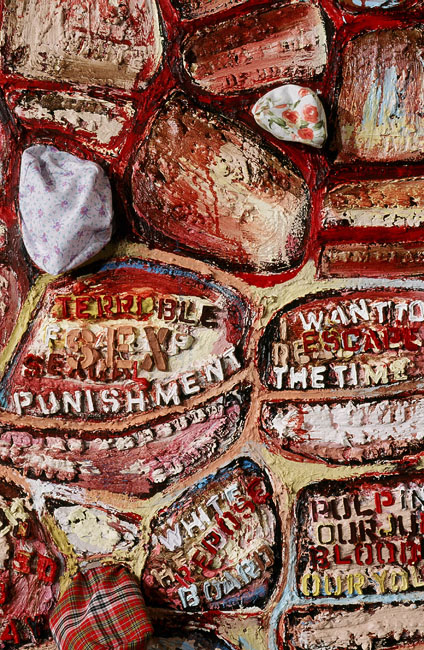 Detail of some of the more complete sections from A Tall Wall Surrounds Me , oil paint, fabric and stitching on canvas, 1999-ongoing.