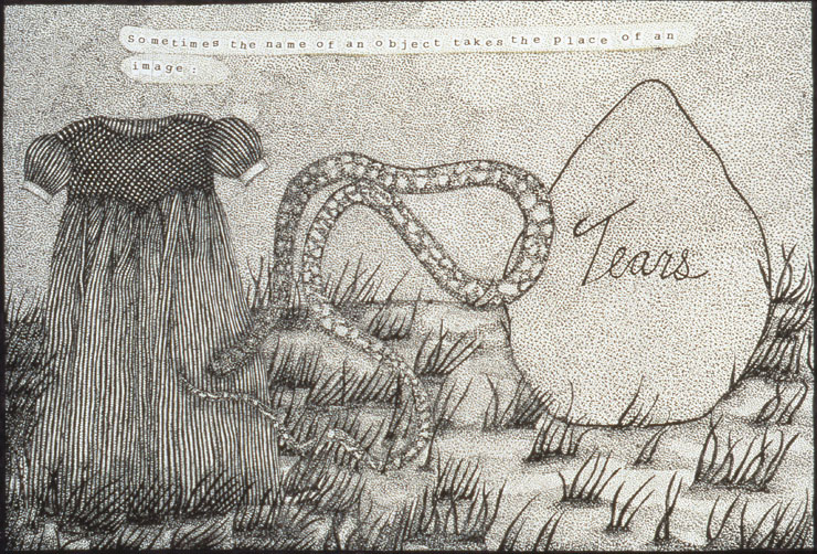 Crazy Quilt: Homage To Magritte (detail), ink on paper with collage, 1996-1999.