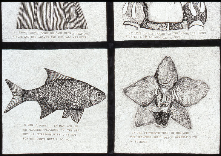 Words And Pictures (detail), ink on paper with collage, 12 in x 18 in, 1996.