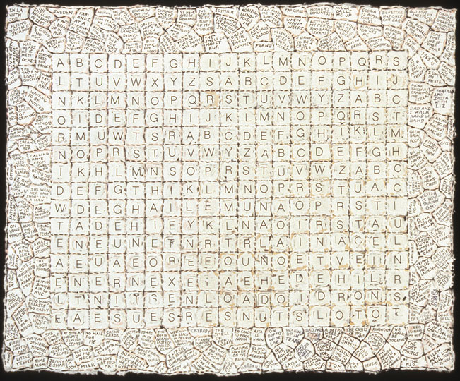 Primer III , ink, stitching, transfer-lettering, and watercolor on paper, 7.5 in x 9.75 in, 1998.
