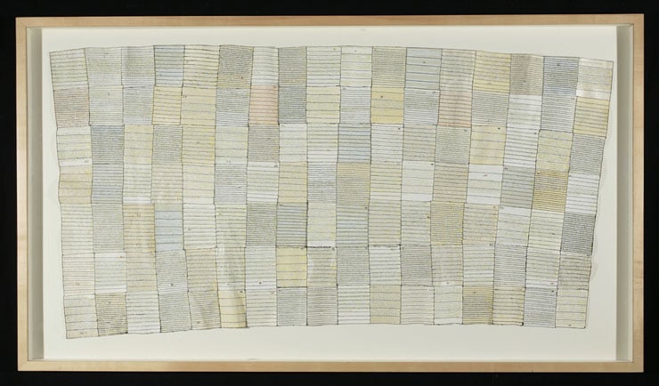   What Was Beautiful , 1-119 (total projected: 365), stitching and collage on paper, 74 in x 36 in, 1999-ongoing. 