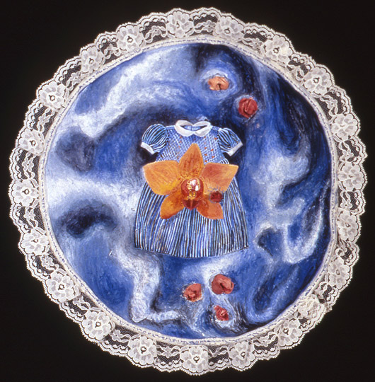   ¨Floating¨ , watercolor, cloth, lace on paper with stitching, 11.5 in diameter, 1997. 