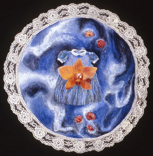 ¨Floating¨ , watercolor, cloth, lace on paper with stitching, 11.5 in diameter, 1997.