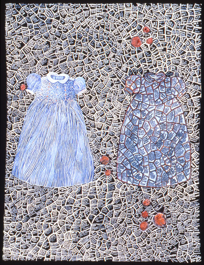   ¨Blackboard¨ , watercolor on paper with fabric and stitching, 27 in x 20 in, 1997. 