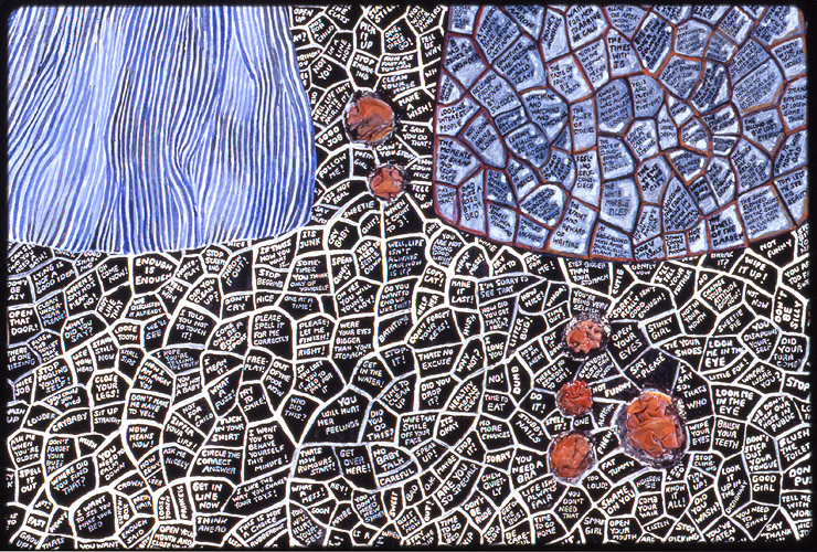  Detail from  ¨Blackboard¨ , watercolor on paper with fabric and stitching, 1997. 