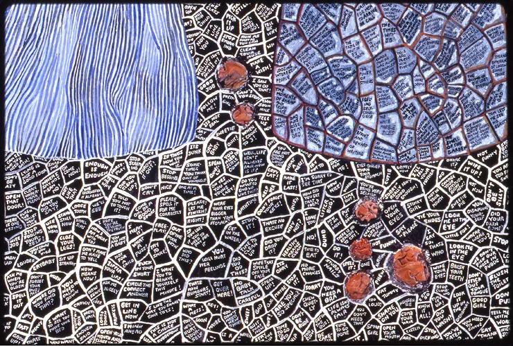 Detail from ¨Blackboard¨ , watercolor on paper with fabric and stitching, 1997.
