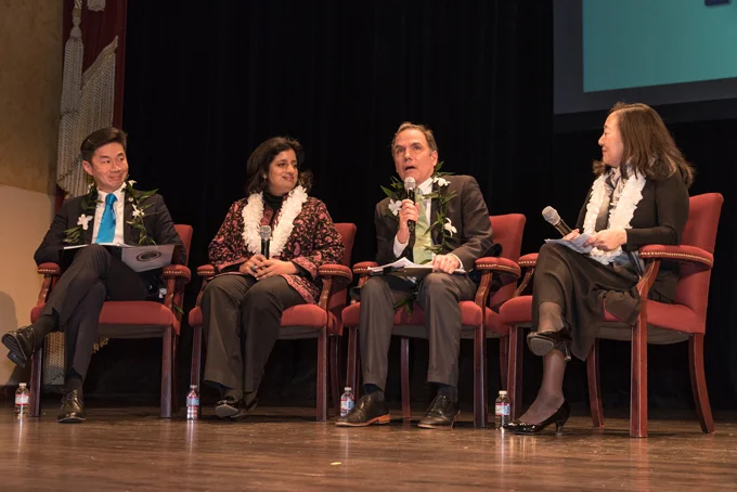 DISCUSSING PARALLELS — John Diaz (center right) moderates a panel discussion with (from L to R) Grande H. Lum, Farhana Khera and Lorraine Bannai on World War II anti-Japanese rhetoric and current anti-Muslim rhetoric. photo by Bob Hsiang