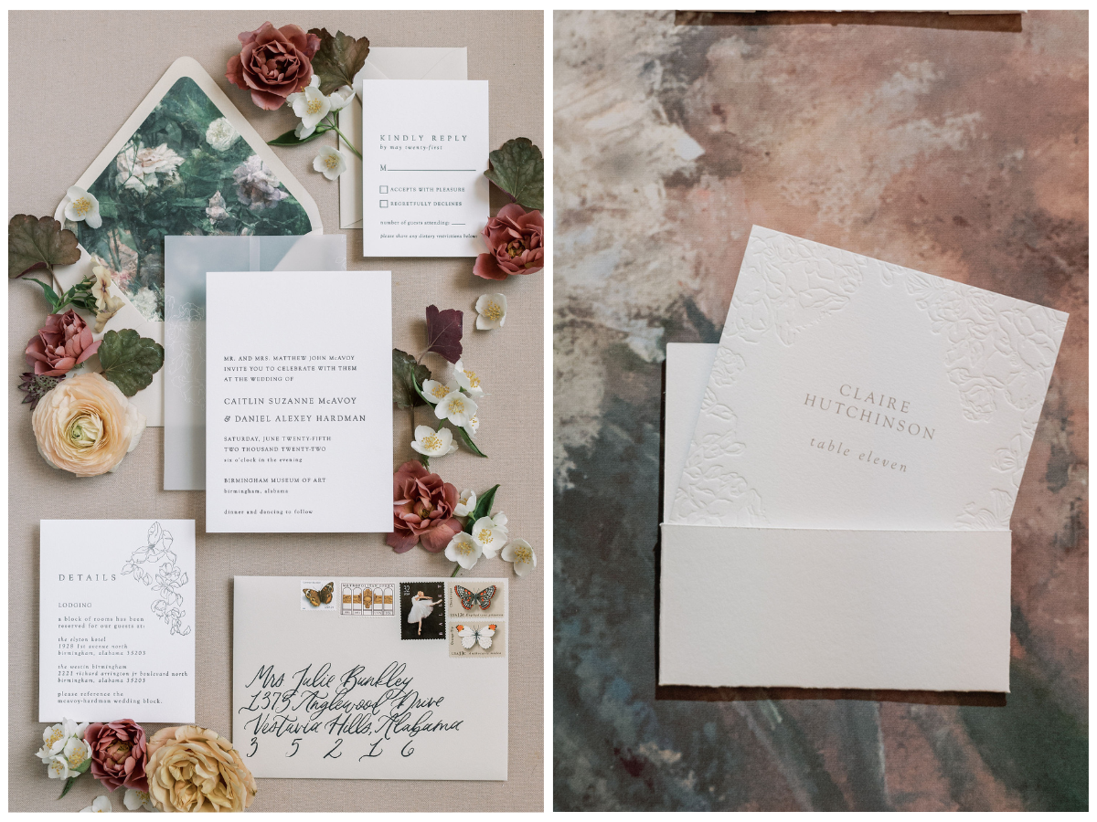 Letterpress Wedding Invitations with Vintage Postage and Calligraphy Envelopes