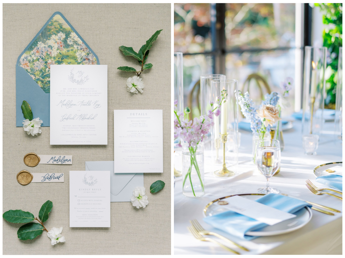 Blue and White Garden Inspired Spring Wedding Invitations with Calligraphy