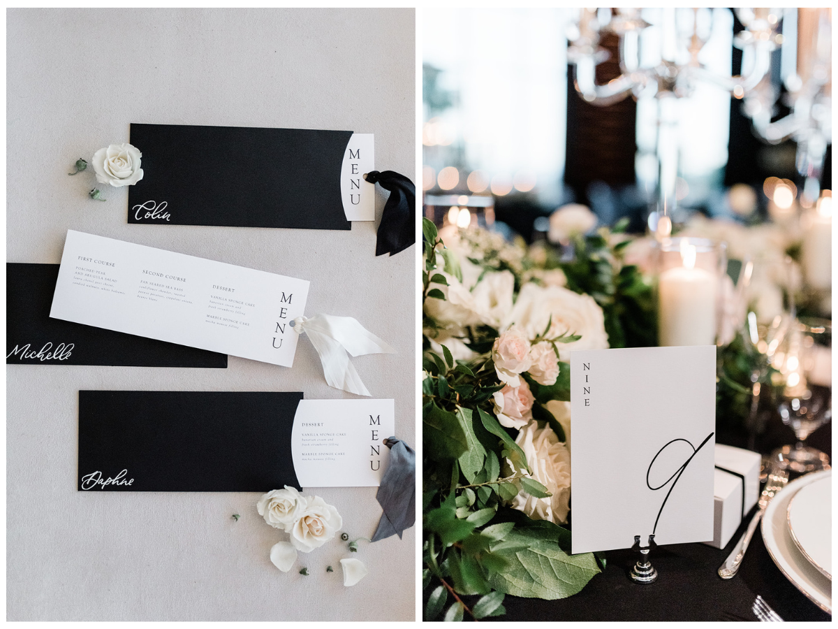 Modern Black and White Wedding Menus and Place Cards and Table Numbers