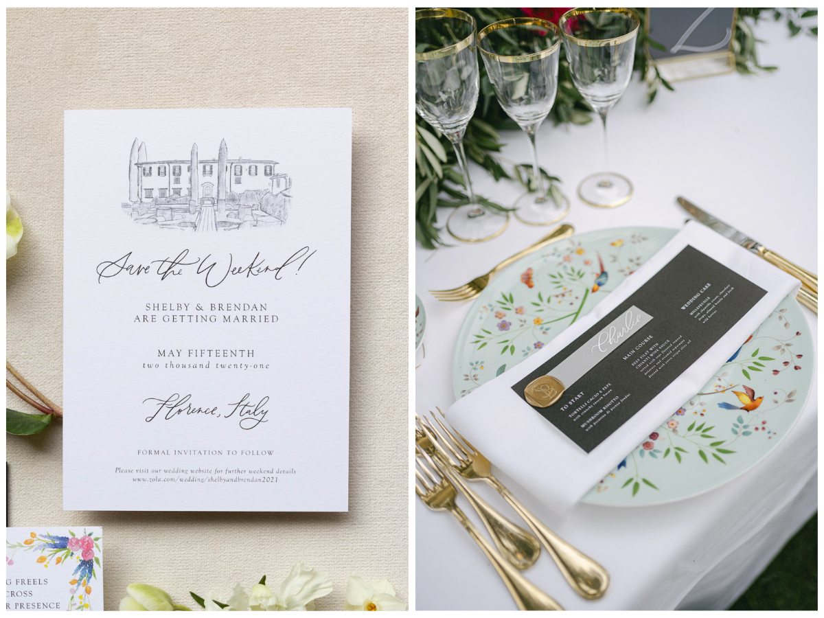 Florence Italy Wedding Invitations with Venue Illustration and Calligraphy