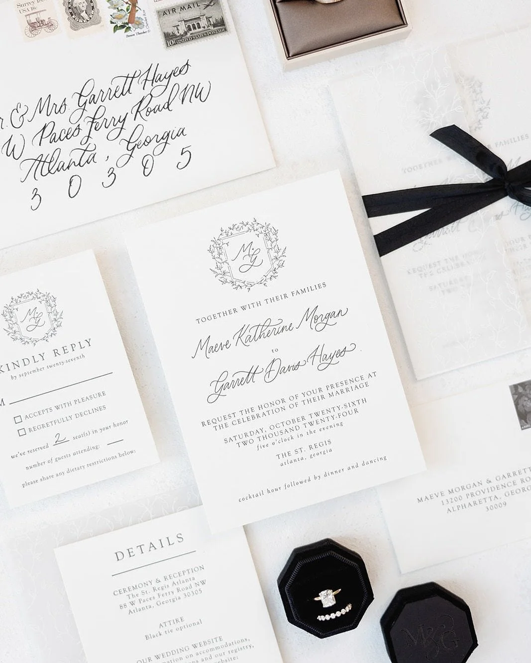 In 2024, we saw some beautiful color palettes... but a classic black & white letterpress invitation suite will never go out of style 🖤
Wedding Planning: @popandfizz
Venue: @stregisatl
Photography: @farrahpower
Hair + Makeup: @erinvryser
Florist
