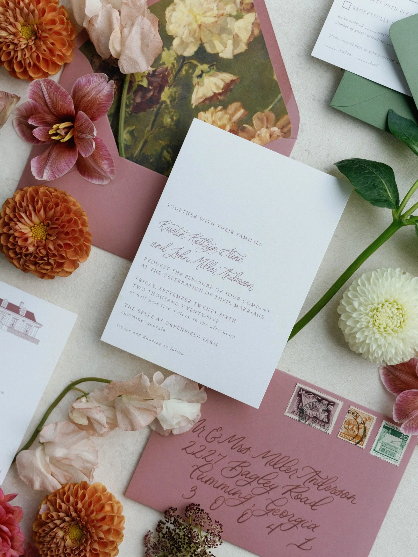 One of our favorites from 2025. Thoughtful envelope colors and liner pairings for Kristin &amp; Miller&rsquo;s fall wedding set the tone from the very first impression. The slightly moody vintage floral artwork became a unifying thread throughout the
