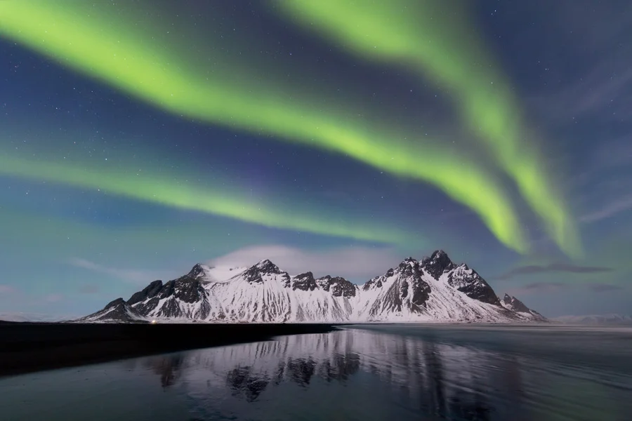Northern lights over Vestraborn mountains