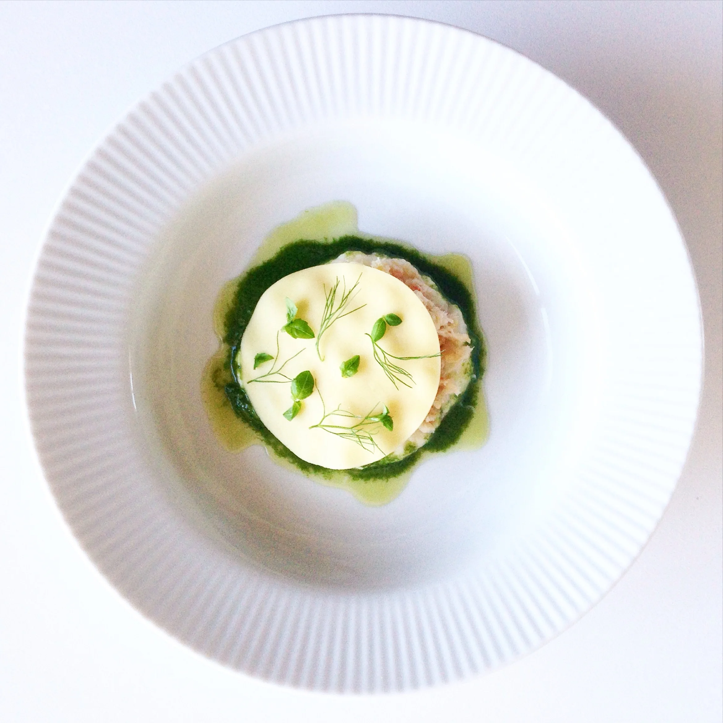 Open ravioli with celeriac, crab, and basil