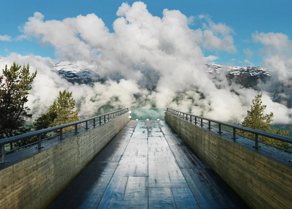 The construction is a bridge that one can go out onto, as a structure in the air. The structure is 4 m wide, 30 long, and 9m high out at the very end. The structure had little impact on the environment. Built of structural steel and a concrete footing, the construction seems to embrace nature.
