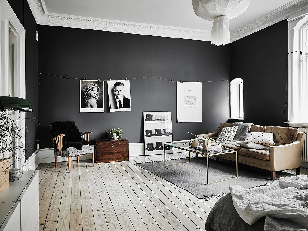 Dramatic contrast with dark wall colour and white skirting boards and ceiling. 