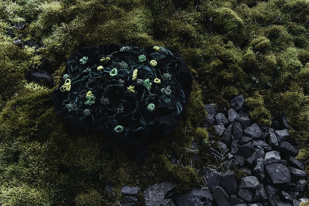 “My first moss rock in its natural habitat. Made of cotton, velvet and Icelandic wools.”