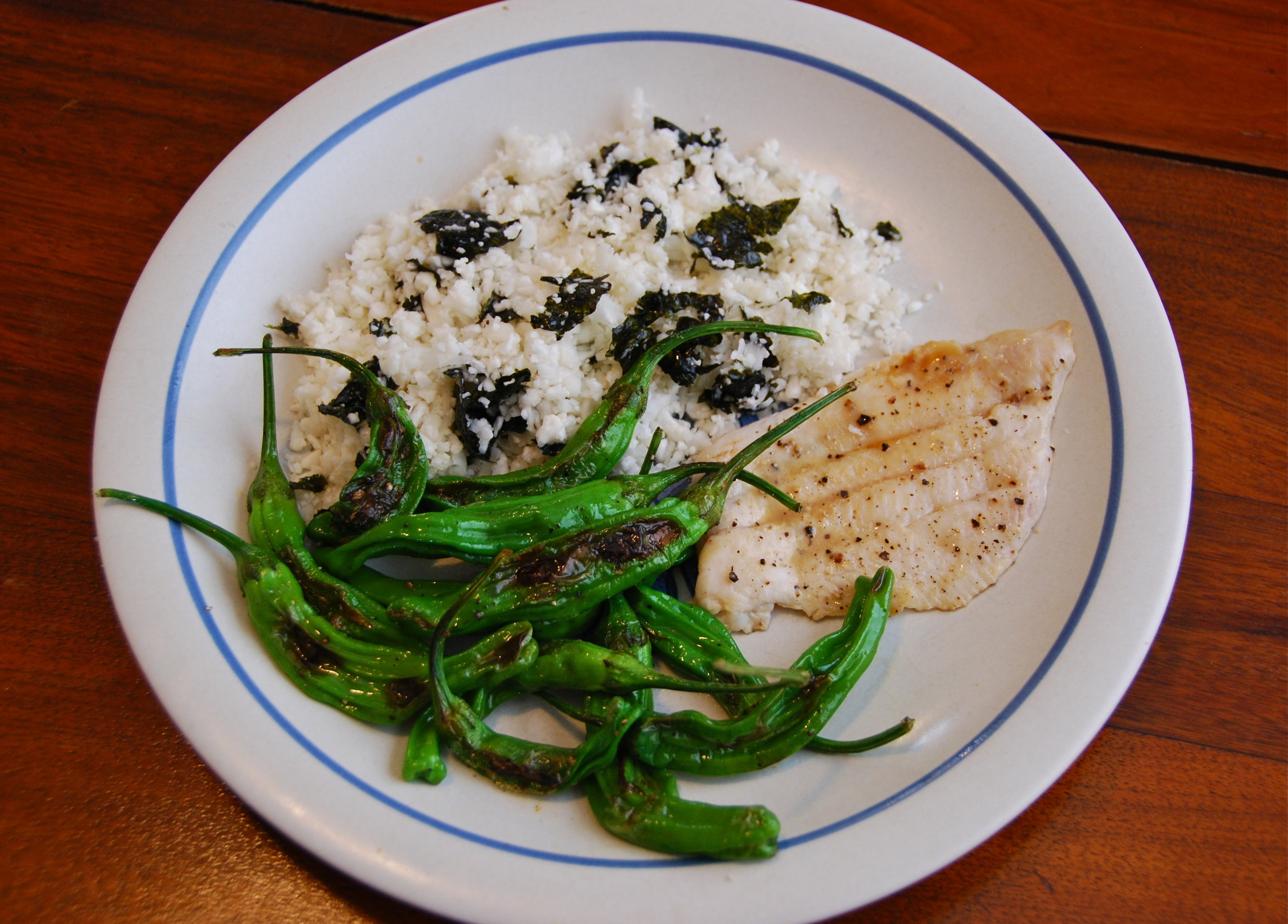 Sole, Shishitos, and Seaweed Cauliflower "Rice" 