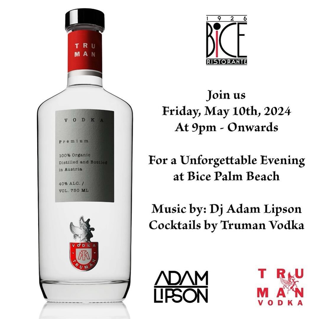 Join us for an exclusive evening at BiCE Ristorante Friday, May 10th✨ #loungevibes #trumanvodka #adamlipson 

Get ready for a night filled with enchantment as we host a special event featuring the sensational sounds of DJ Adam Lipson @djadamlipson 🙌
