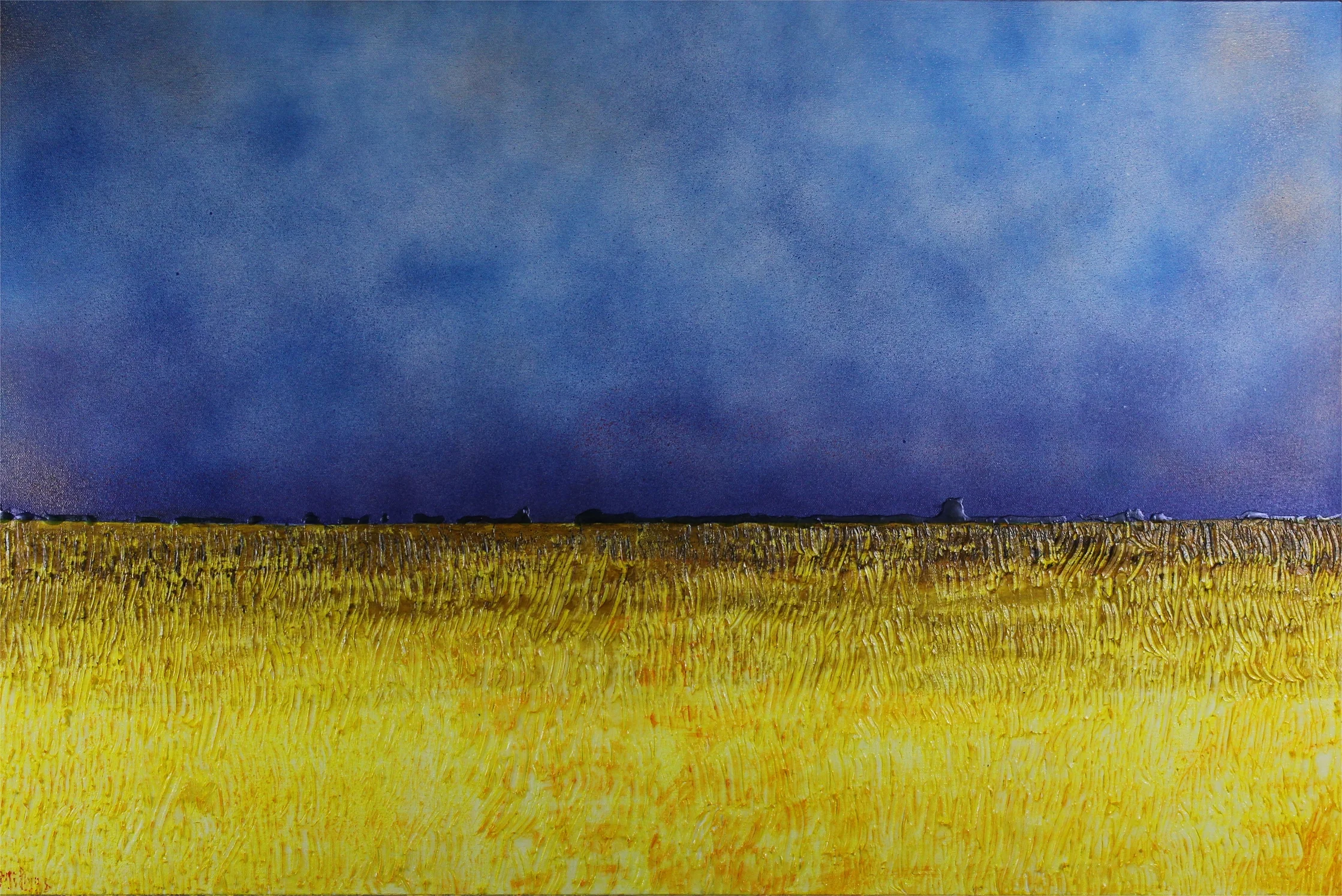 July Evening 36x24x2 Acrylic. SOLD A distinctly prairie scene as evening approaches over the fields, the distance darkens while it is still sunny overhead. A tree line in the distance gives some feeling of proportion, of the wide open spaces of the Canadian prairies.