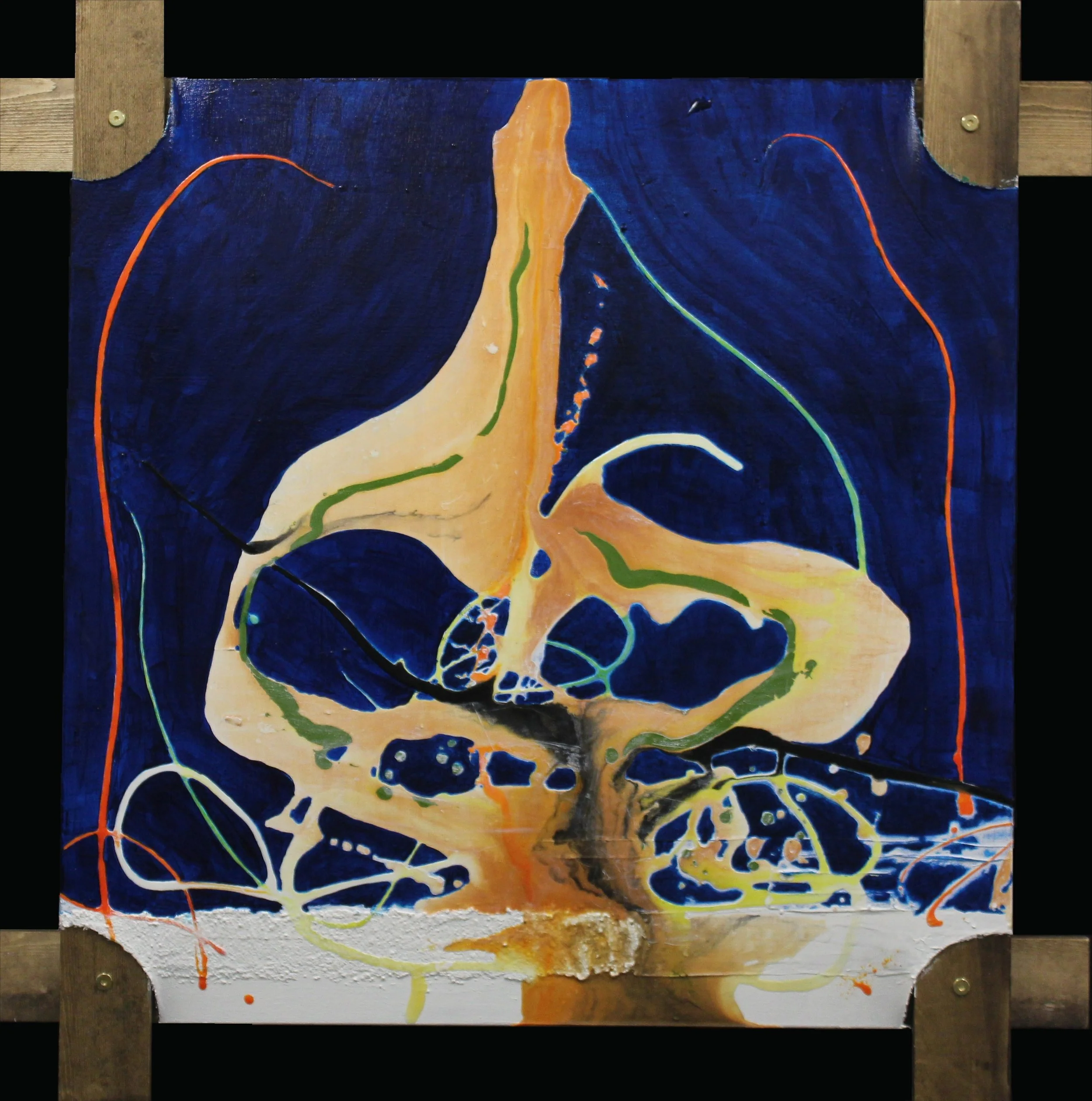 X Section, 30x30, stretched and framed with pine boards, $600.