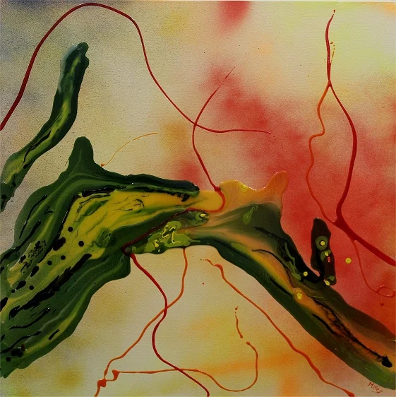 Hothouse, 36x36, Acrylic, $720 Hot and steamy, plants grow like mad in hothouses. This one is reminiscent of my few trips into these growing steam baths. Whew, it's hot in here!