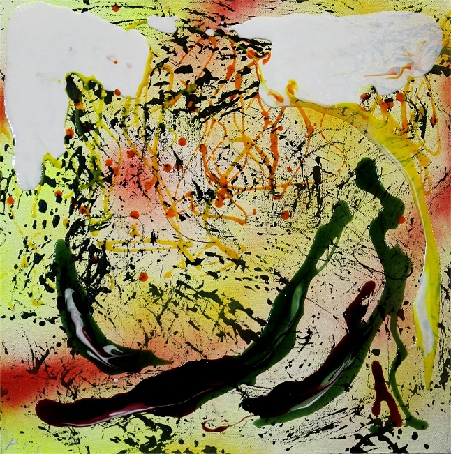 Emme 16x16x2, acrylic $320 This is another small experiment with spray paints and pouring medium. I quite like how bright the backgrounds become with acrylic sprays, coupled with the highly coloured acrylics over the top. Emme seemed very female to me.