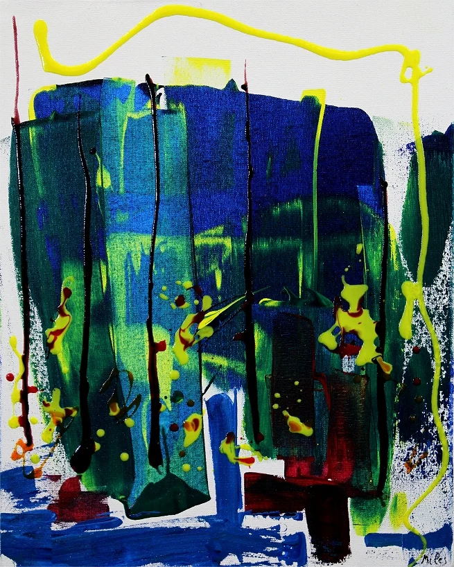 Cabin in the Woods 16x20x2, acrylic $200 A continuation from Waterfalls at Sunset in that I am pulling back a bit from pure abstraction and presenting very abstracted landscapes from my imagination.