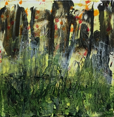 Regeneration Acrylic, 18x18 $400 This is a partner piece to Burnt Hillside, together they are $600. Inspired by the wildfires in Alberta this year.