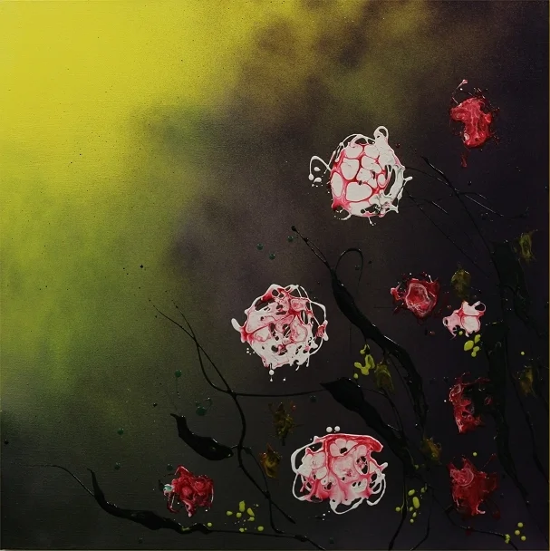 The Side Yard 30x30, Acrylic, SOLD Very soft and floral, this one is. The title harkens back to my Grandmother's side yard in the hot, B.C. sunshine. It was always shaded and cool, full of peonies and roses.