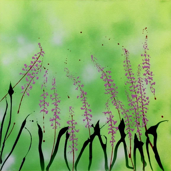 Regeneration, 24x24, $480. I was inspired by Fireweed, perhaps from a bug’s eye view.