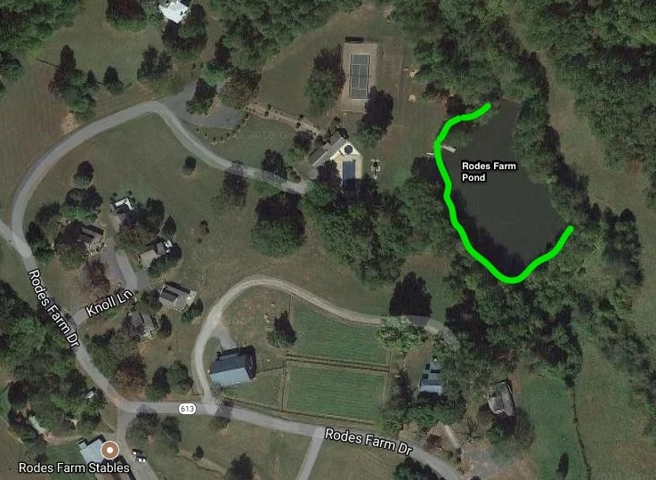 The Rodes Farm Pond in WinterGreen's Stoney Creek subdivision. Green lines indicate fishing areas. See Google Map HERE