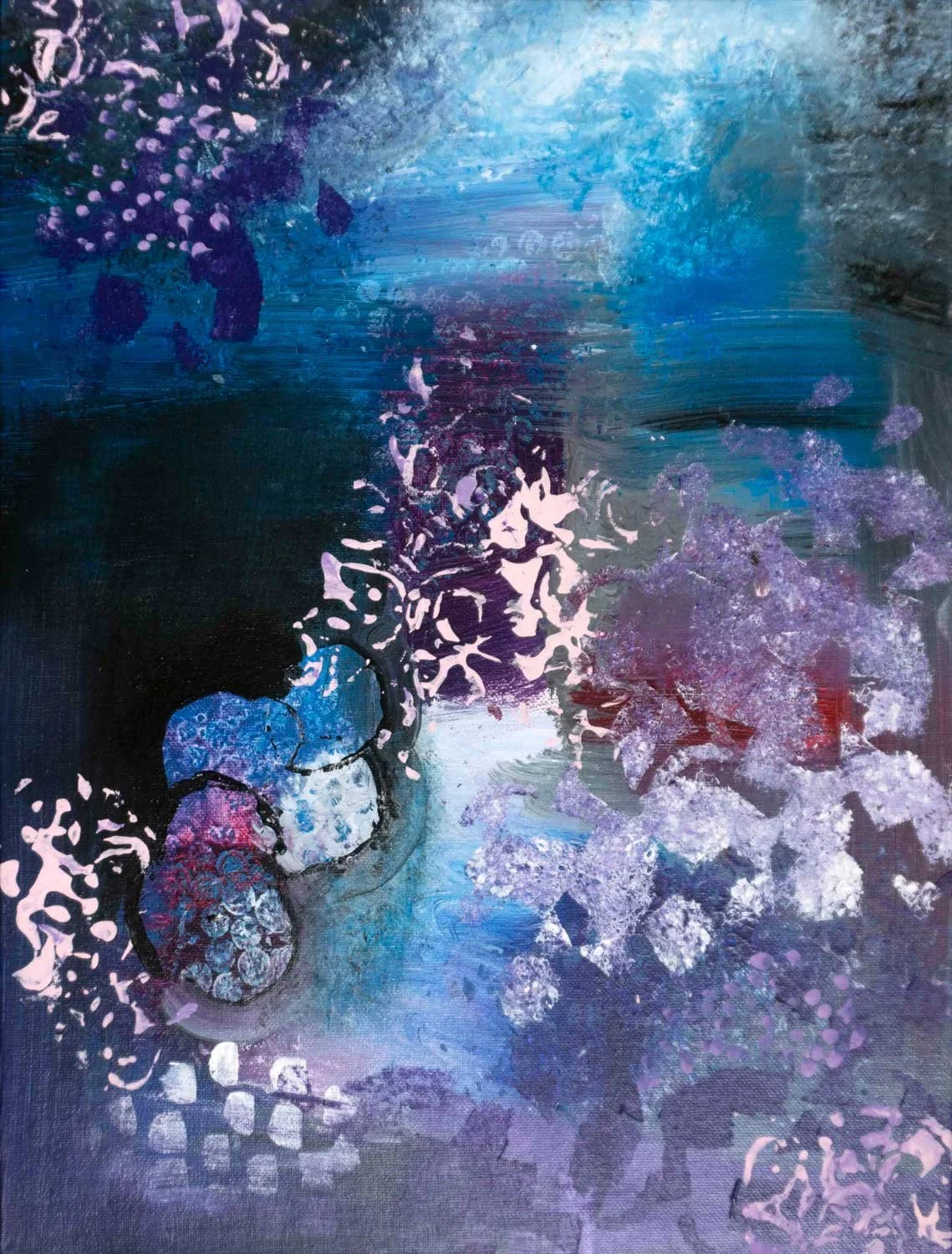 Abstract acrylic painting in deep navy and violet with a luminous blue-white glow at the top and cascading lavender texture marks against a dark ground