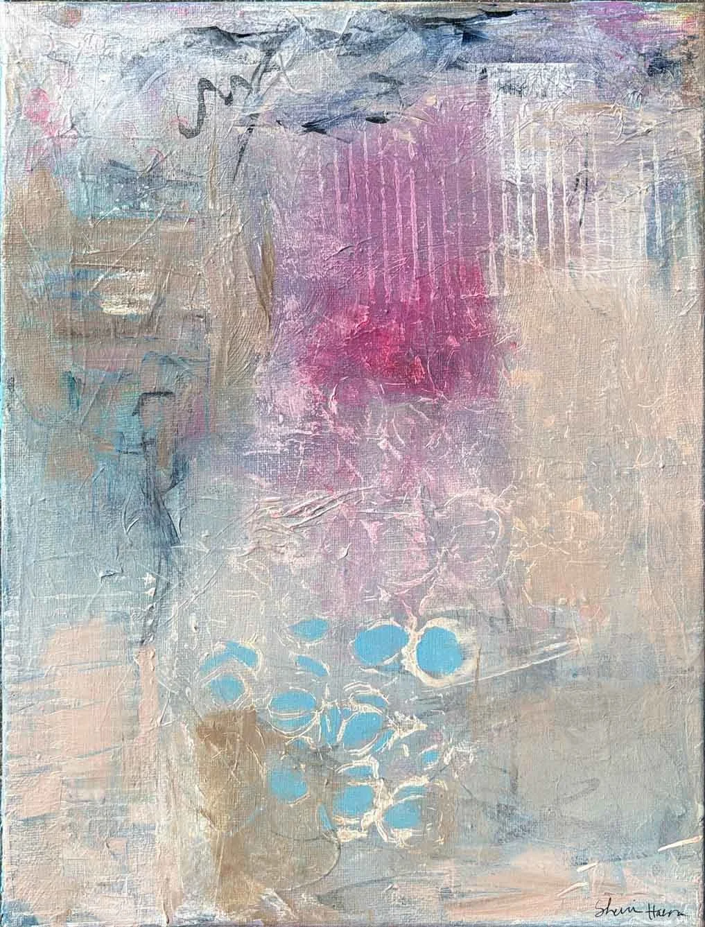 Abstract acrylic painting in warm tan, gray-blue, and pink with a glowing magenta block near the top, pale vertical streaks running down through it, and a cluster of turquoise ovals outlined in cream