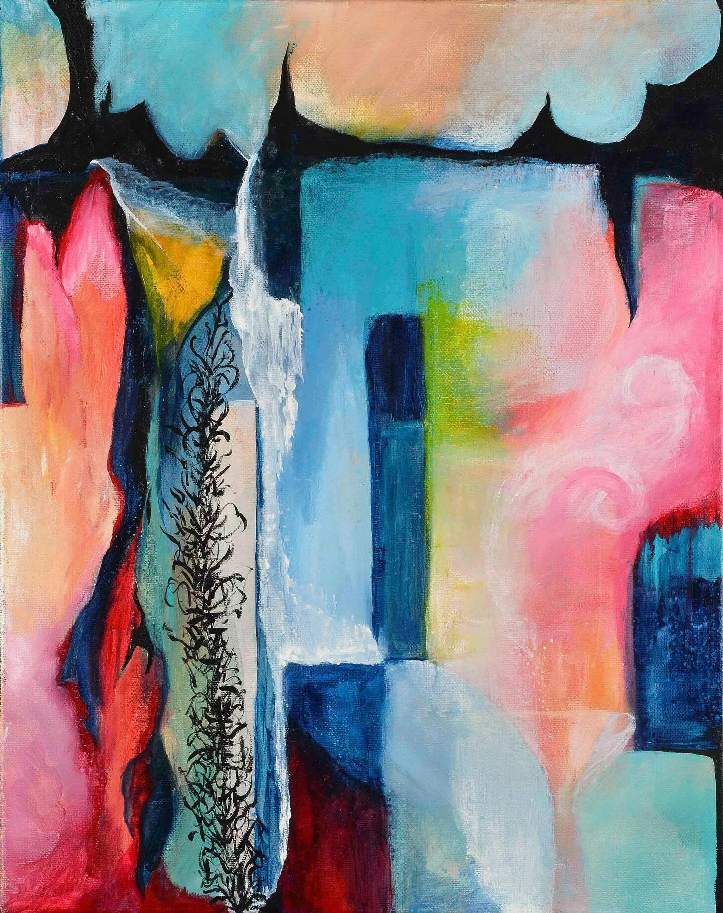 I didn&rsquo;t set out to paint my sister-in-law. But when I walked back into her house after finishing this, I suddenly saw it. The black forms across the top are the silhouette of the Bay Bridge, exactly as it looks from her home. I hadn&rsquo;t co